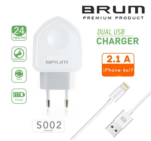  Мережевий зарядний пристрій, СЗП, адаптер BRUM BM-S002 (2 USB 2.1 A) + кабель Lightning (iPhone 5/6/7/8/X) білий