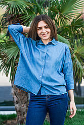 Блакитна жіноча сорочка з довгим рукавом, розмір S - XL