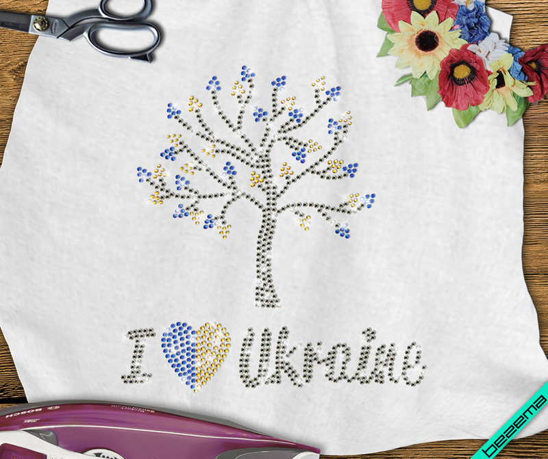 Термонаклейки из страз на велюр I Love Ukraine (Стекло,3мм-жел.,3мм-бенз.,3мм-син.) - фото 1 - id-p423062521