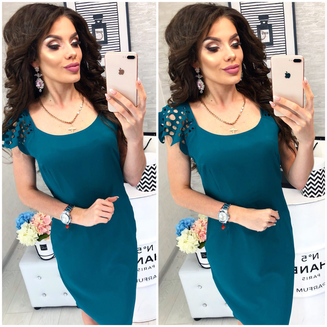 Сукня з вибитим малюнком на короткому рукаві , модель 106, колір Морська хвиля, фото 1