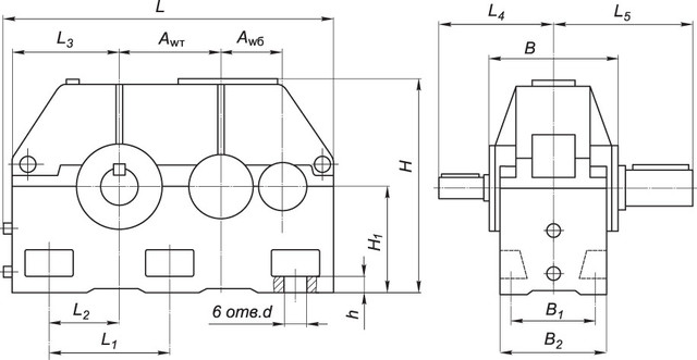 Схема габаритных и присоединительных размеров редуктора 1Ц2У-400