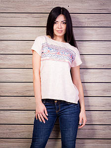 Футболка жіноча трикотажна свобідного фасону принт етно-вишивка беж