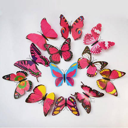 Об'ємні 3D метелики на стіну (шпалери) для декору (рожеві), фото 1