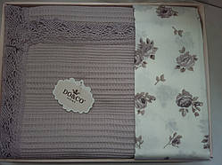 Комплект постільної білизни літо сіре з вафельним простирадлом мереживо Doko