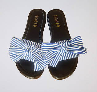 Шльопанці жіночі літні на платформі принт смужка текстиль блакитні з білим