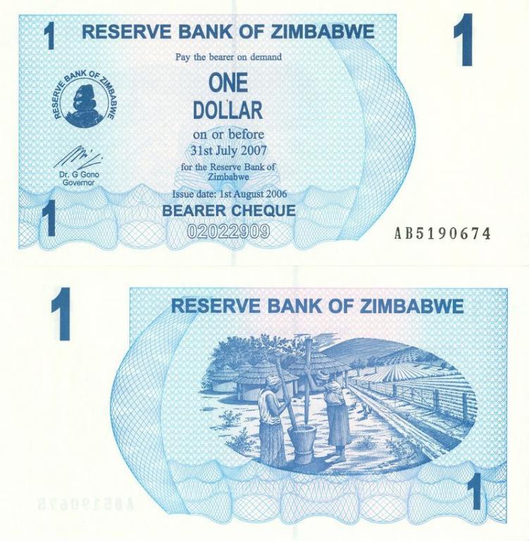 Zimbabwe Зімбабве - 1 Dollar 01.08. 2006 UNC cheque Pick 37