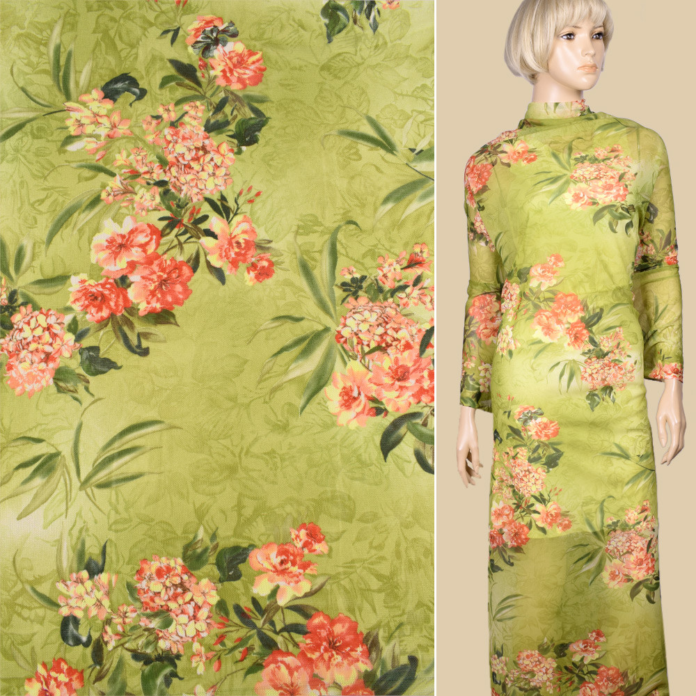 Трикотаж сітка салатова з червоними квітами ш.145