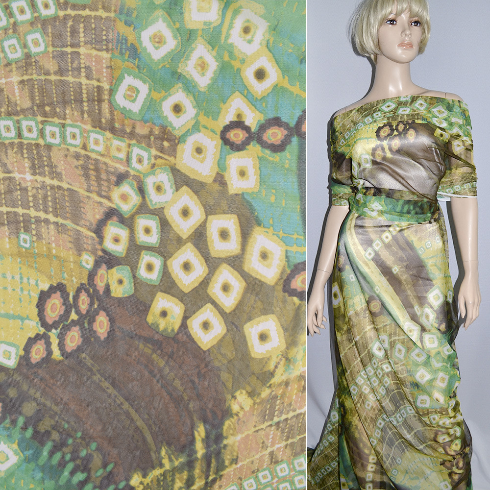 Трикотаж сітка зелено-жовта в коричневий геометричний малюнок ш.150