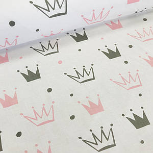 Бавовняна тканина бязь польська сірі та рожеві корони різного розміру на білому