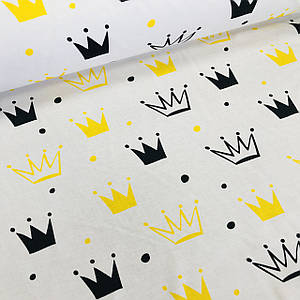 Бавовняна тканина бязь польська жовті та чорні корони різного розміру на білому