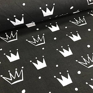 Бавовняна тканина, білі та чорні корони різного розміру на чорному тлі (E-0276)