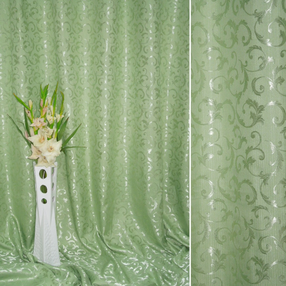 Атлас жакард 2-х-стор. для штор вензель листя зелений світлий, ш.280