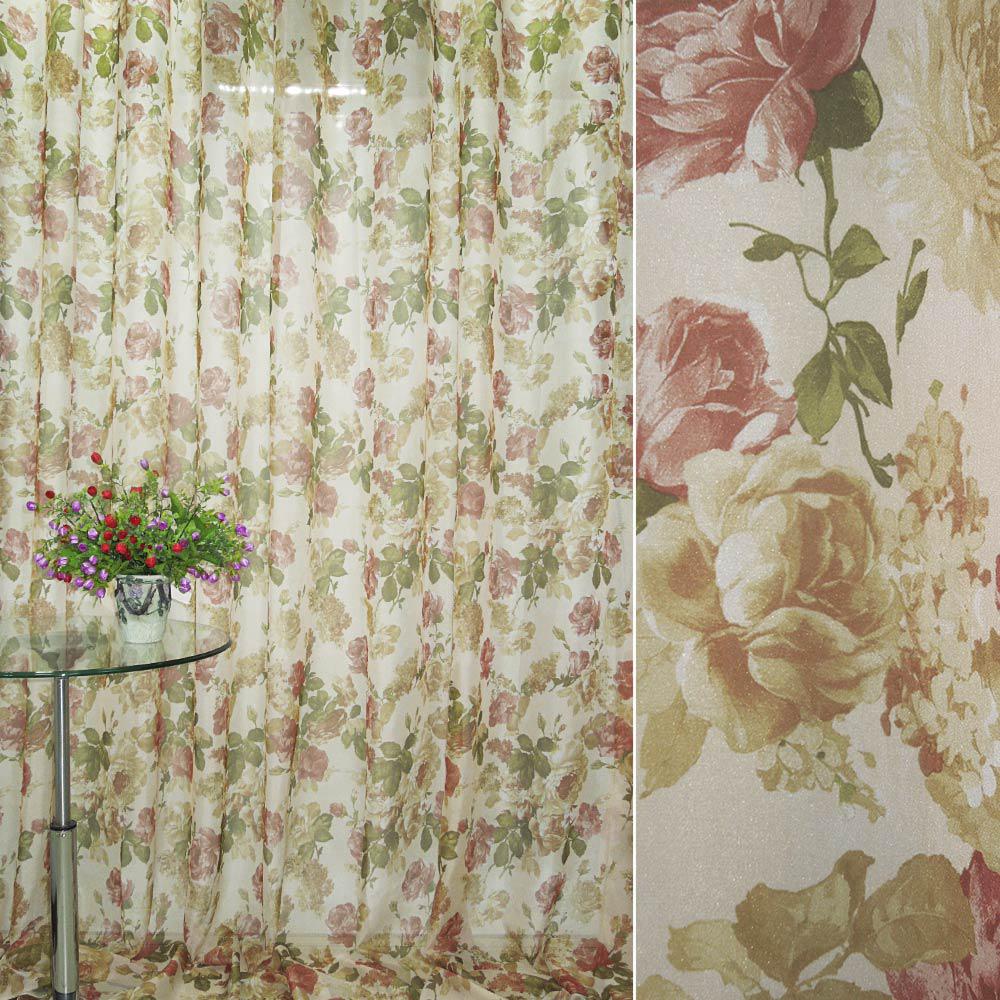 Вуаль тюль шифон прит троянди коричнево-бордові на бежево-золотистому тлі, ш.270