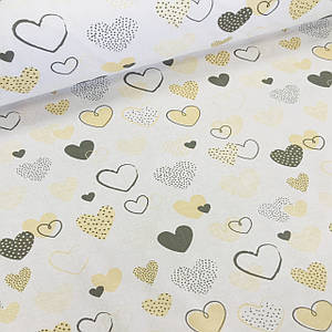 Бавовняна тканина польська серця жовто-бежеві, сірі з точками та смужками на білому