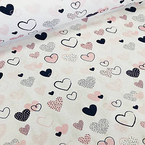Бавовняна тканина польська серця рожеві, сині з точками та смужками на білому