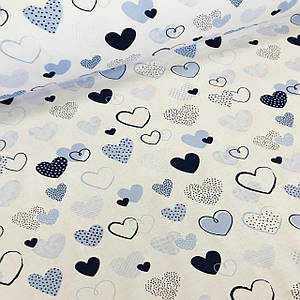 Бавовняна тканина польська серця блакитні, сині з точками та смужками на білому