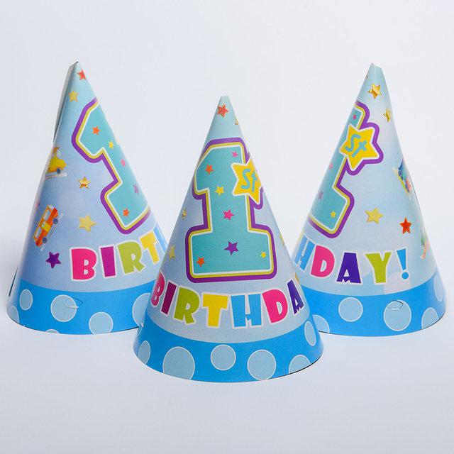 Ковпачок блакитний великий для 1-го дня народження "1ST BIRTHDAY" 20 см.