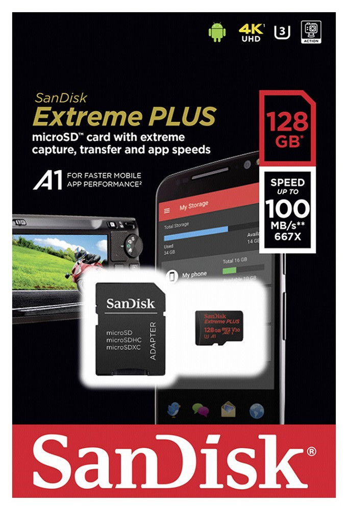 Карта пам'яті SanDisk Extreme microSDXC сlass10 A1 V30 UHS-I U3 128GB з SD адаптером, фото 1