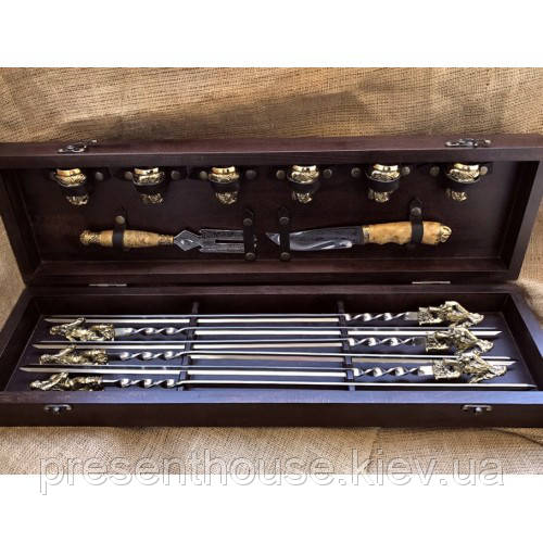 Ексклюзивний набір для шашлику ручної роботи на подарунок.Шампура+чарки+ніж+виделка, фото 1