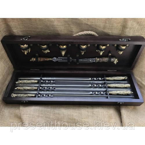 Набір для шашлику «Дикі звірі» ручної роботи, 14 предметів, шампури, чарки, ніж і виделка з нержавіючої сталі, фото 1