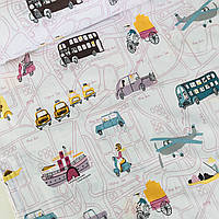 Хлопковая ткань (ТУРЦИЯ шир. 2,4 м) машинки, автобусы, самолеты разноцветные на белом