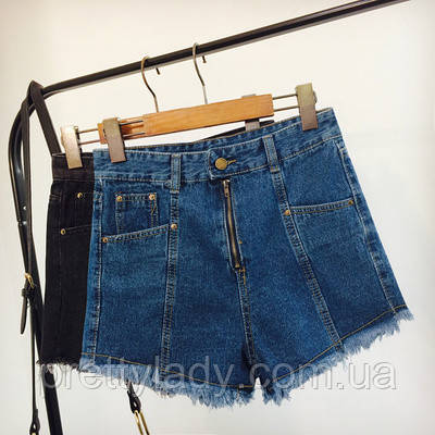 Джинсові шорти з високою талією на блискавці сині, фото 1