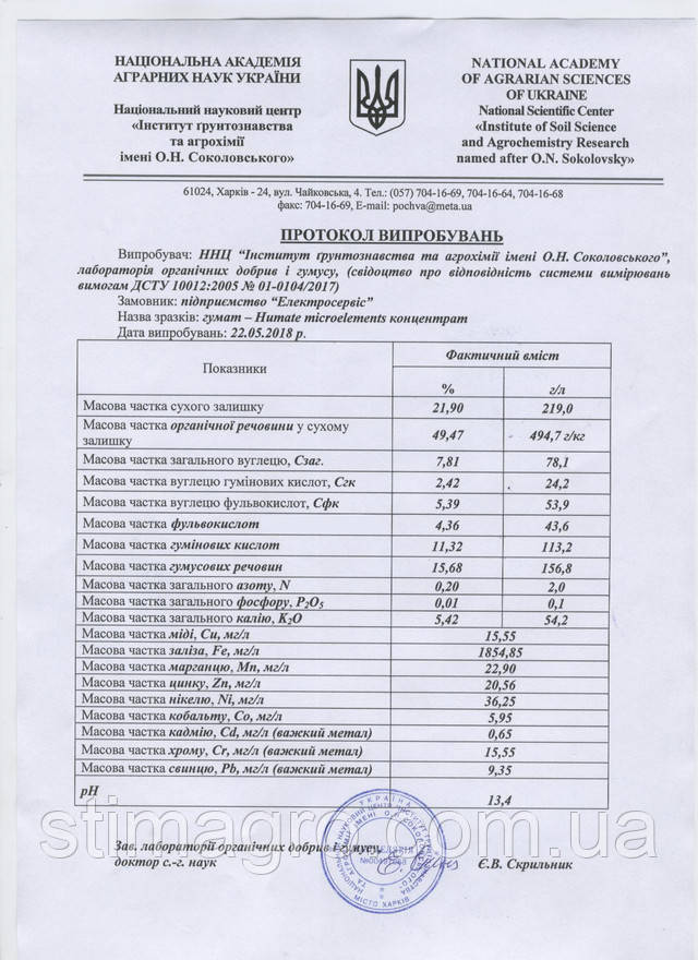 Протокол дослідження гумат калію з мікроелементами концентрат