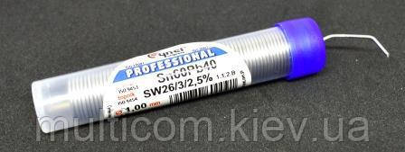 13-09-202. Припій діаметр 1 мм, 60/40, 10г в колбі, Cynel, фото 1