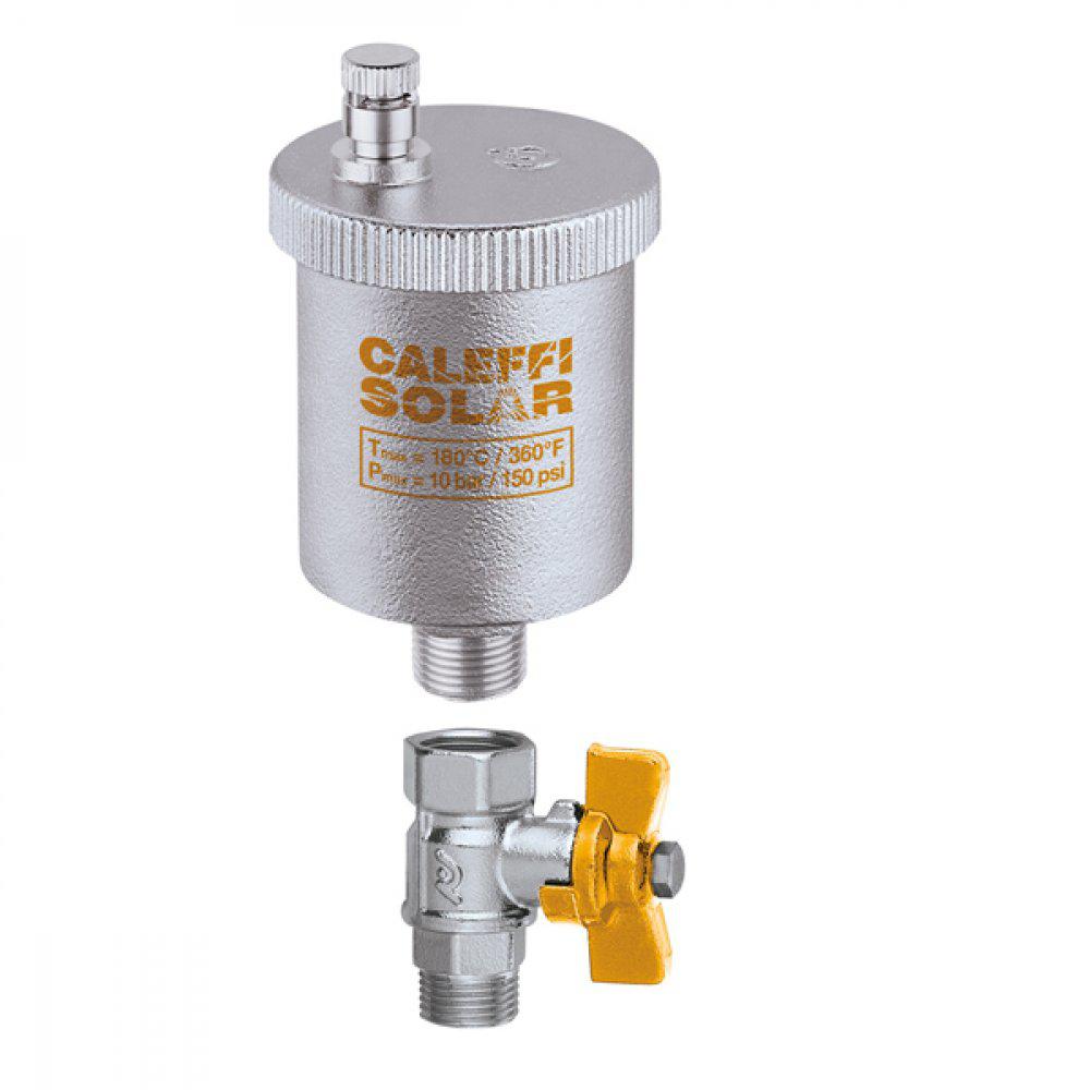 Розповітрювач + кран відсічний для геліосистем CALEFFI SOLAR 3/8" (+180) (Італія)