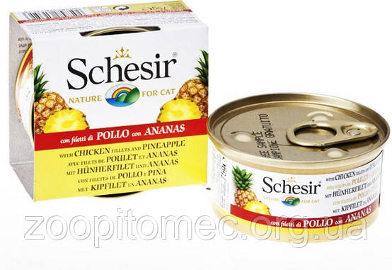 Вологий корм для кішок консерва Schesir (Шезир) Chicken Pineapple філе курки з ананасом, банку 75 г, фото 1