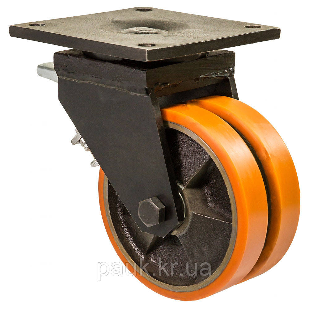 Колесо 5804-ТН-200-B, Ø 200 мм, 58 Twin Hard, поворотне колесо здвоєне, вантажне колесо з гальмом, колесо з чавуну великовантажне, фото 1