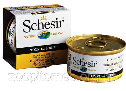 Вологий корм для кішок консерва Schesir (Шезир) Cat Tuna Surimi тунець з сурімі в желе, банку 85 г