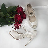 Жіночі весільні білі перлинні туфлі з пітона на шпильці з відкритим носком