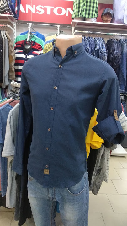 Сорочка чоловіча молодіжна приталена льон стрейч синя, фото 1