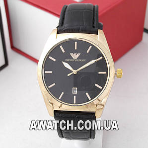 Чоловічі кварцові наручні годинники Emporio Armani T36 / Емпорио Армані на шкіряному ремінці чорного кольору