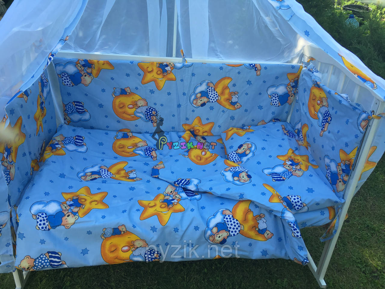 Постельный набор в детскую кроватку (8 предметов) Premium "Мишки на луне" синий - фото 2 - id-p485768171
