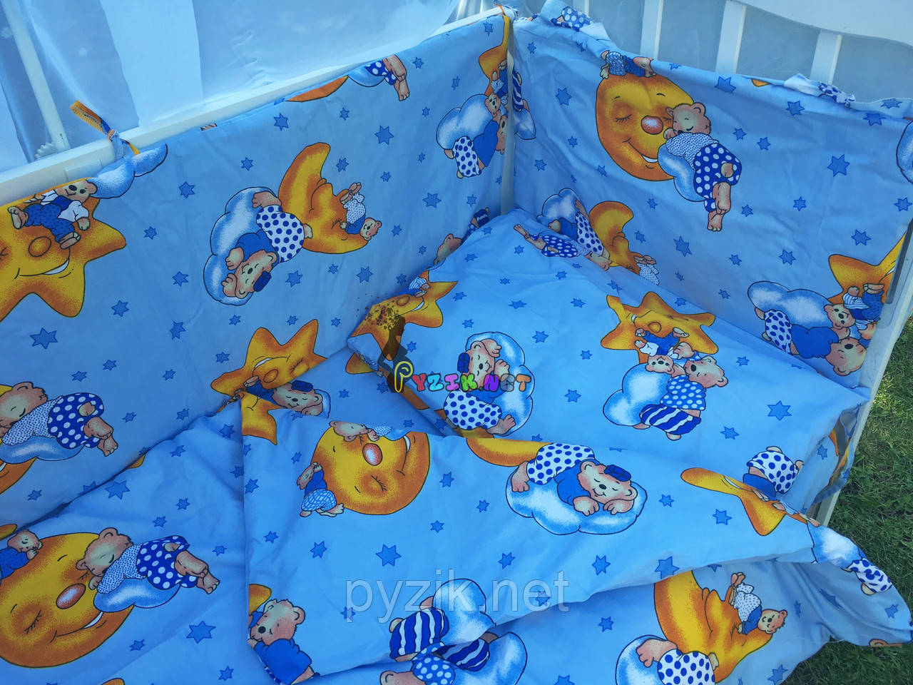 Постельный набор в детскую кроватку (8 предметов) Premium "Мишки на луне" синий - фото 1 - id-p485768171