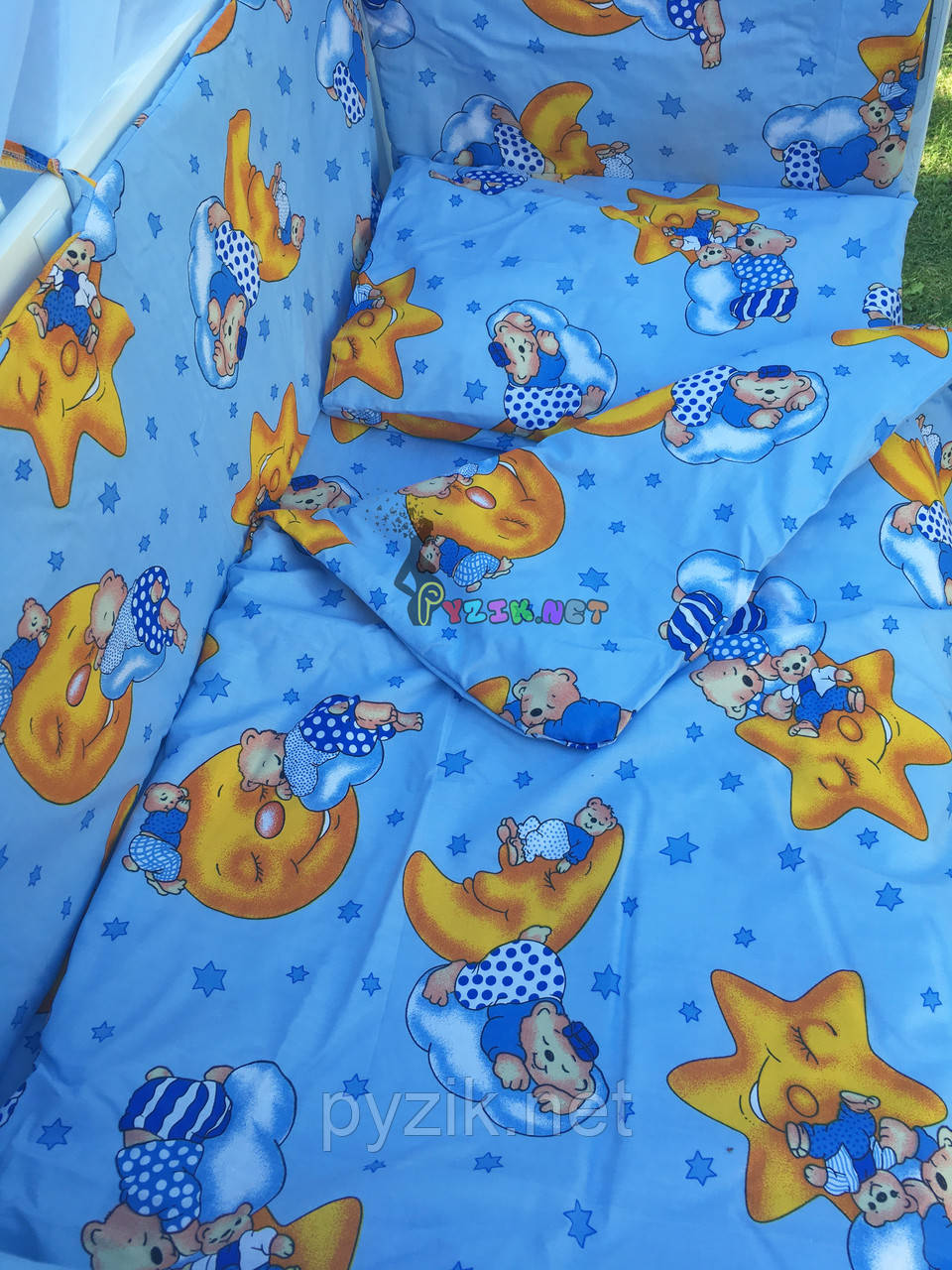 Постельный набор в детскую кроватку (8 предметов) Premium "Мишки на луне" синий - фото 3 - id-p485768171