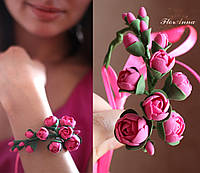 Розовый браслет/веточка на руку ручной работы "Пиончики цвета фуксия". Подарок девушке