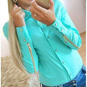 Стильна жіноча однотонна сорочка з блискавкою на рукавах, офісна сорочка жіноча