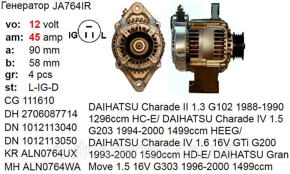 Генератор DAIHATSU Charade Gran Move 1.3 1.5 1.6, фото 1