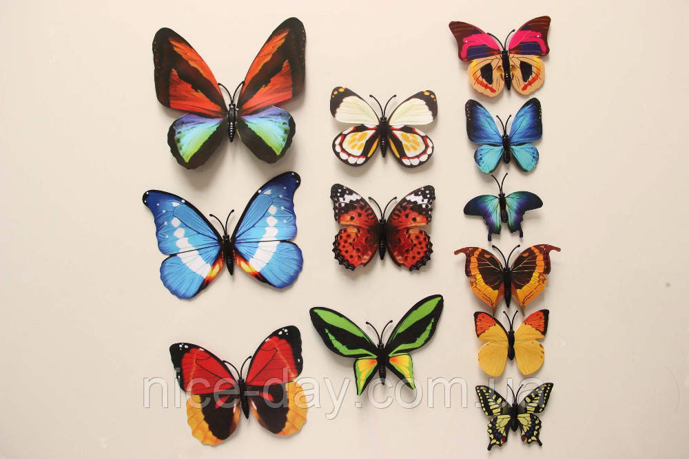 Декоративні 3D метелики на магнітах,наклейки на стіну Різний колір 12 шт