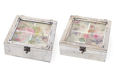 Коробка для чаю дерев'яна зі скляною кришкою Птахи, колір — срібло антик 487-311, фото 2