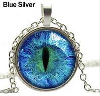 Подвеска с линзой глаз дракона, фантастический кулон голубой в серебристой оправе