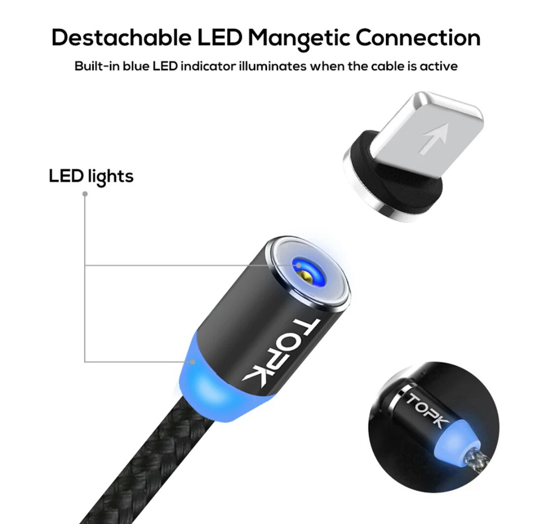 Магнітний Lightning USB кабель TOPK з підсвіткою для iphone