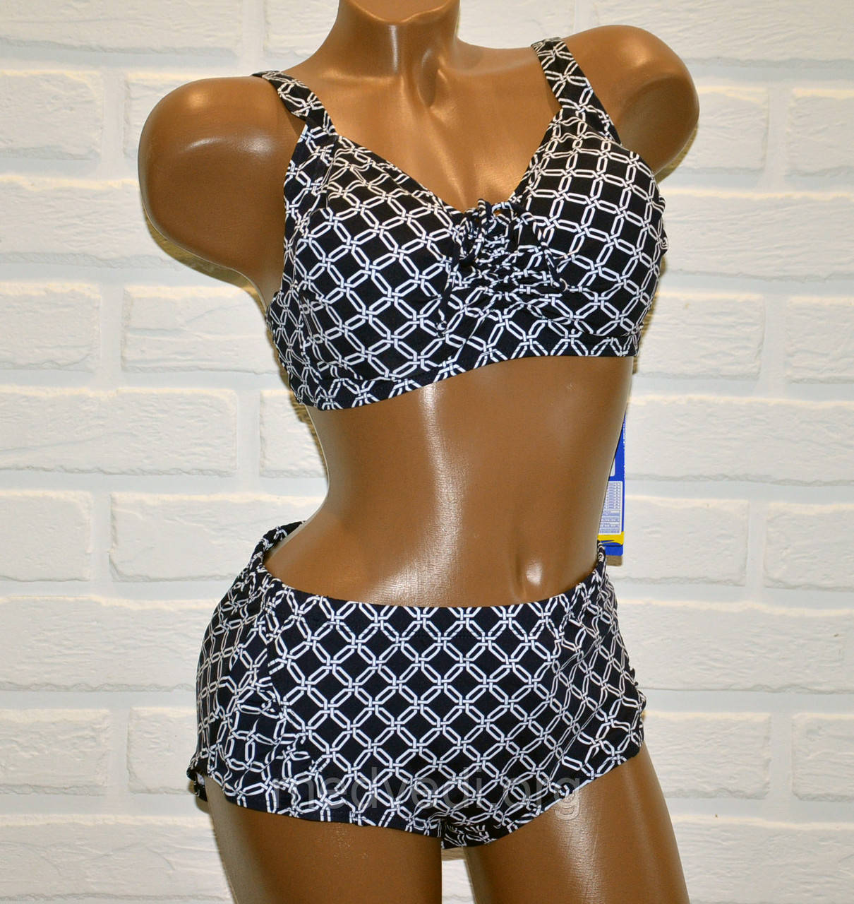 Великий 54 розмір роздільний темно-синій купальник для жінок, геометричний малюнок, на зав'язках, фото 1