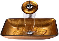 Скляний умивальник HC7057 Золотий + змішувач "водоспад"