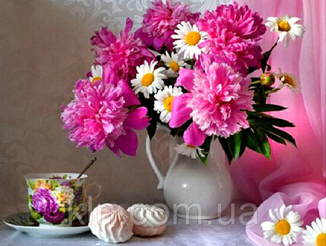 Алмазна мозаїка на підрамнику Букет півоній і ромашок 50 х 40 см (арт. TN081), фото 1