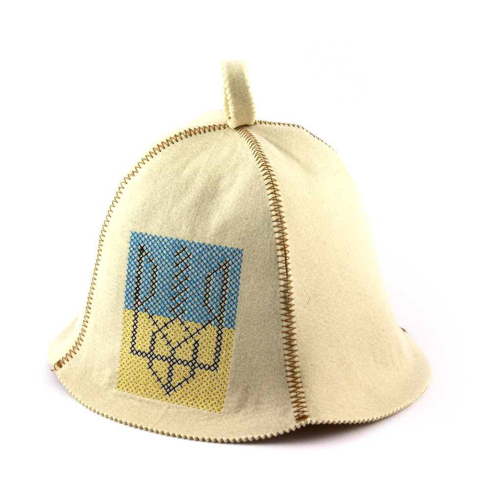 Шапка для сауни (біла), Тризуб жовто-синій, штучна повсть, Saunapro