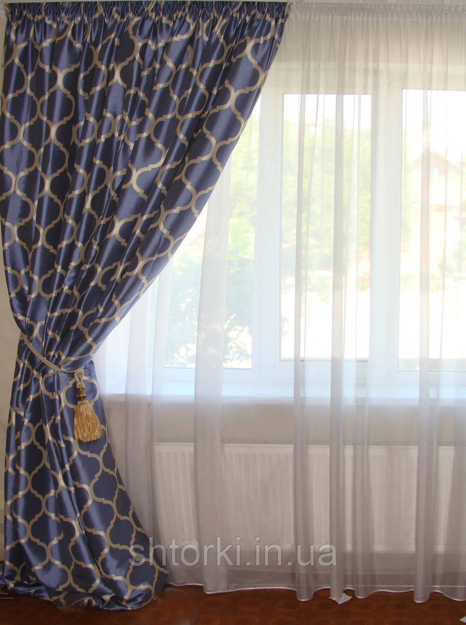 Штори Блакитні із золотом ромбоподібні, фото 1